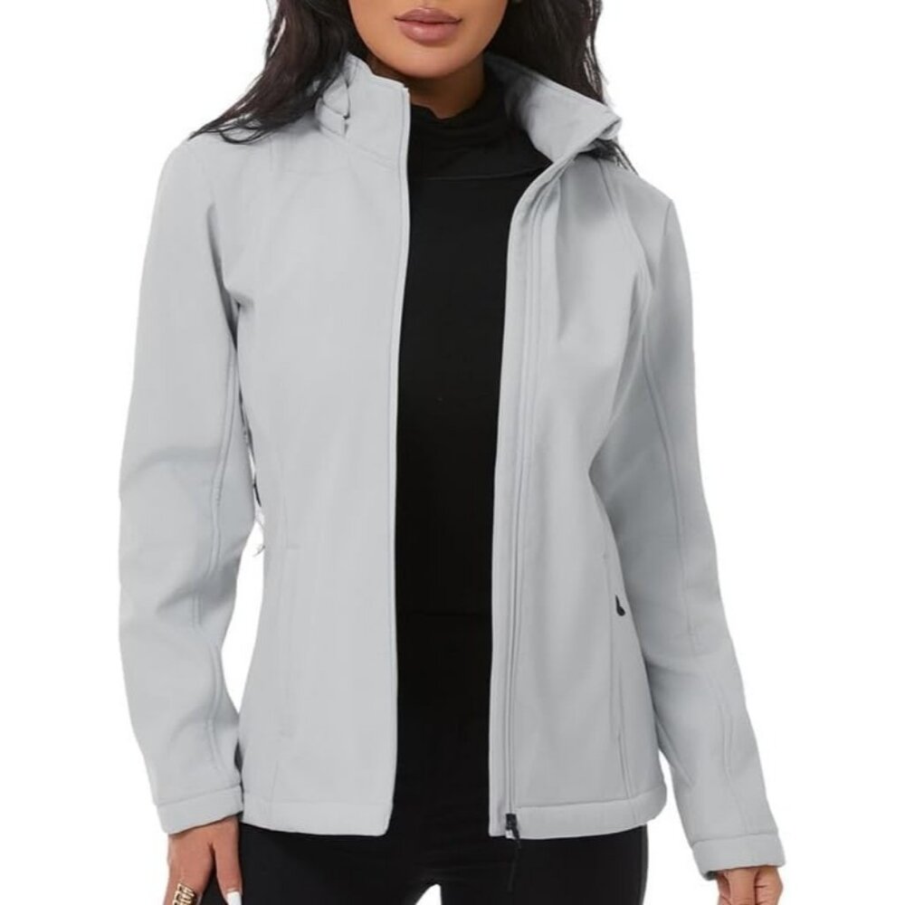 Women's Vest Hooded Jacket Coat Light Gray Fleece Winter Warm Zippered Pockets